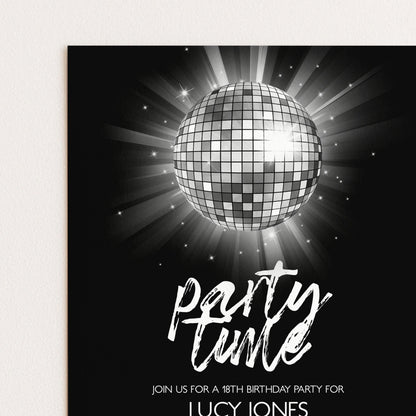 The image is a party invitation for a 18th birthday party. It features a disco ball and a bright light, creating a festive atmosphere.