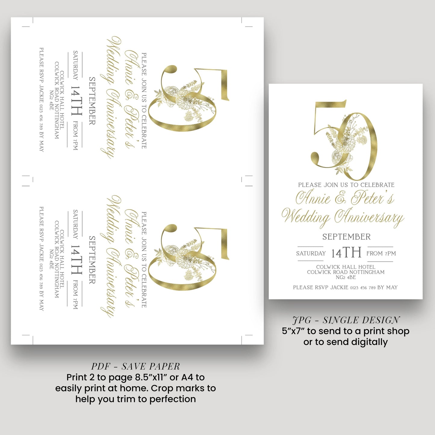 The image is a wedding anniversary invitation featuring a gold number 50 design.