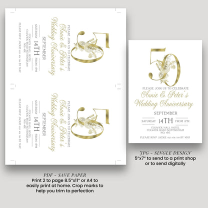 The image is a wedding anniversary invitation featuring a gold number 50 design.