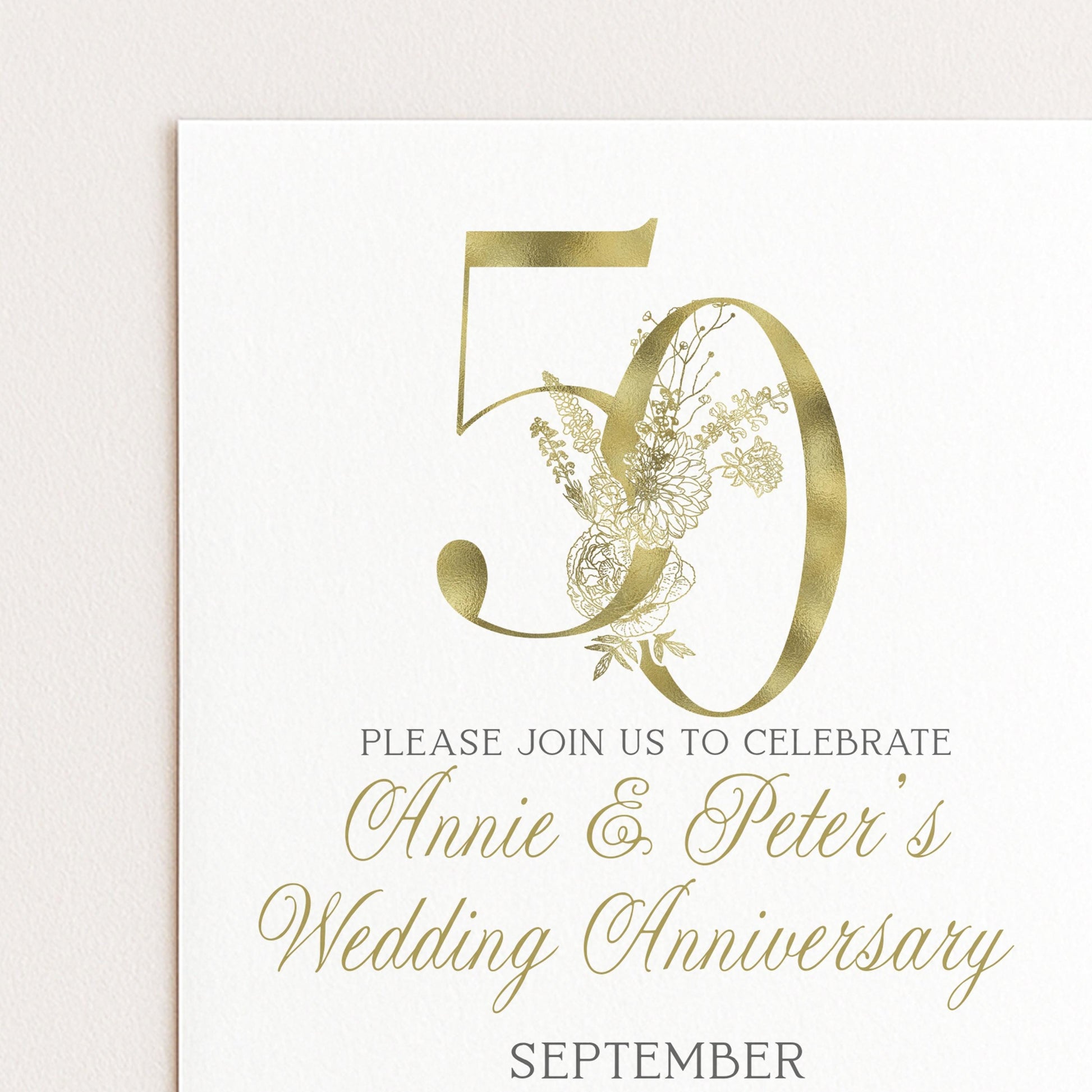 The image is a wedding invitation card for a 50th anniversary celebration.