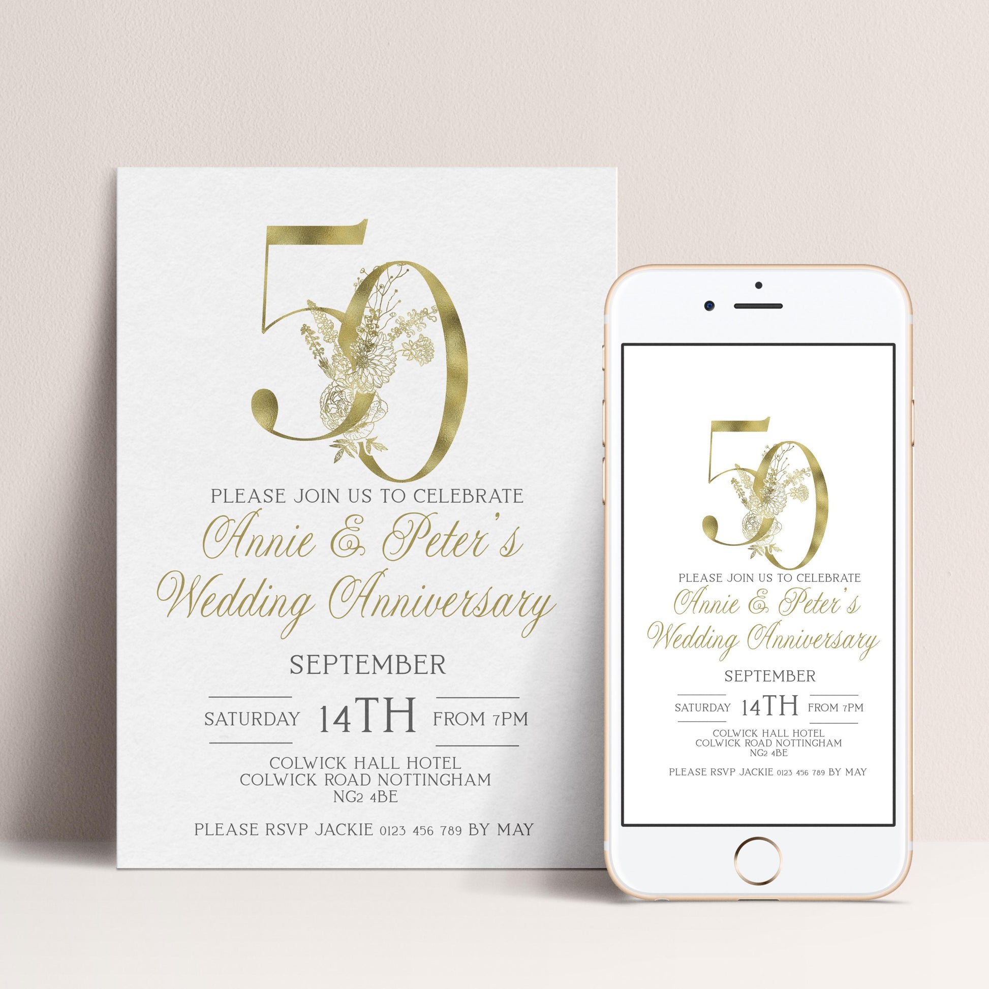 a wedding anniversary invitation for Annie and Peter's 50th wedding anniversary. The invitation is designed in gold and white and includes details about the event, such as the date, time, location, and RSVP instructions.