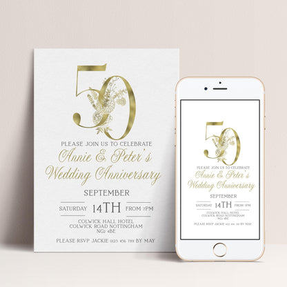 a wedding anniversary invitation for Annie and Peter's 50th wedding anniversary. The invitation is designed in gold and white and includes details about the event, such as the date, time, location, and RSVP instructions.