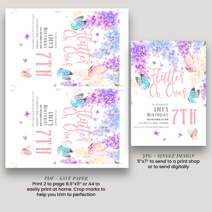 a birthday invitation for a 7th birthday party, featuring a floral design with butterflies and purple flowers. The invitation is printed in two sizes: a larger 5"x7" version and a smaller 4"x4" version. The larger version is intended to be printed on paper, while the smaller one is meant to be sent digitally. The invitation includes text that provides details about the birthday celebration, such as the date, time, location, and the name of the birthday girl.
