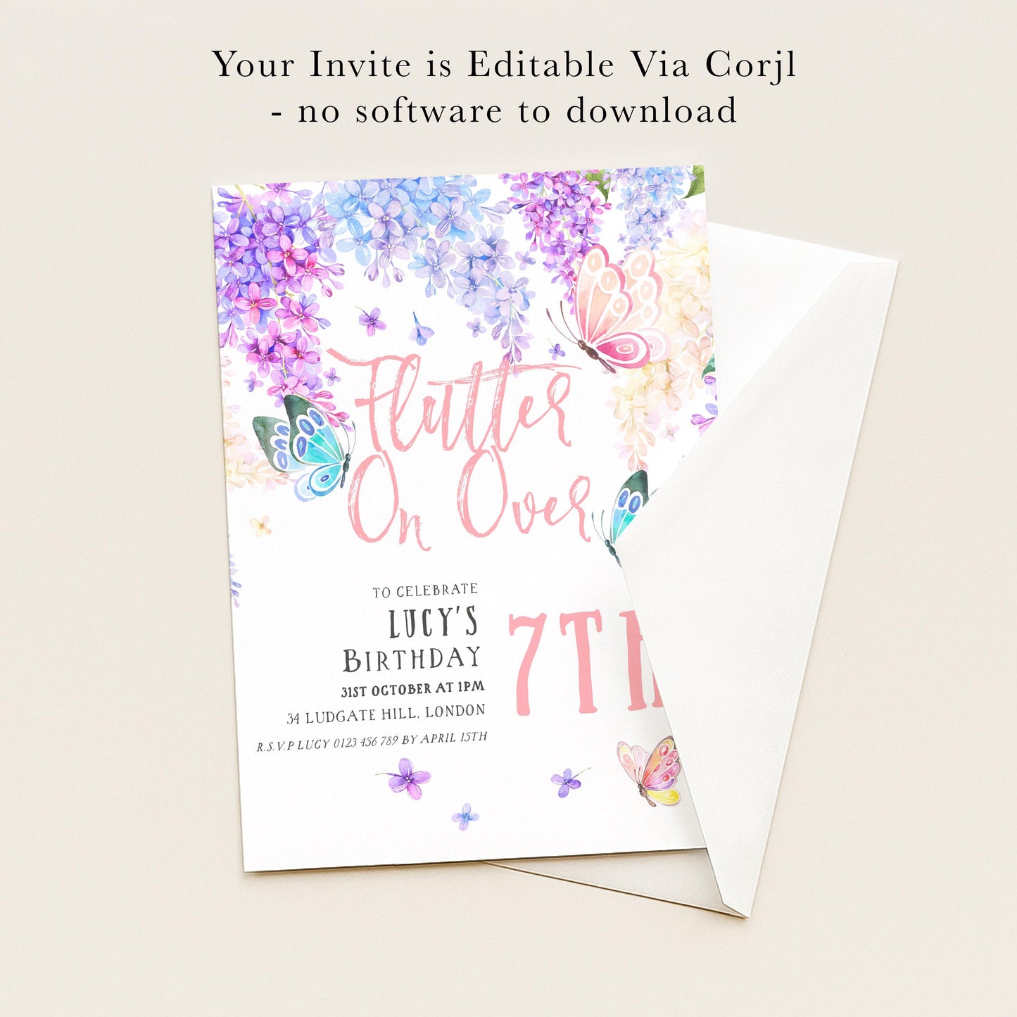 The image is a birthday invitation for Lucy's 7th birthday party.