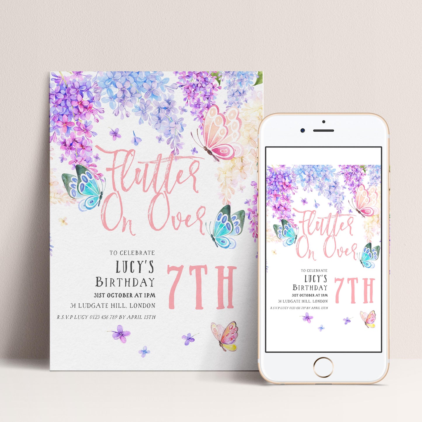 The image is a birthday invitation for a girl named Lucy, celebrating her 7th birthday. The invitation features a floral design with purple and pink flowers, butterflies, and the text "Flutter On Over" in a playful and colorful style.