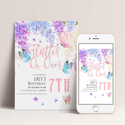 The image is a birthday invitation for a girl named Lucy, celebrating her 7th birthday. The invitation features a floral design with purple and pink flowers, butterflies, and the text "Flutter On Over" in a playful and colorful style.