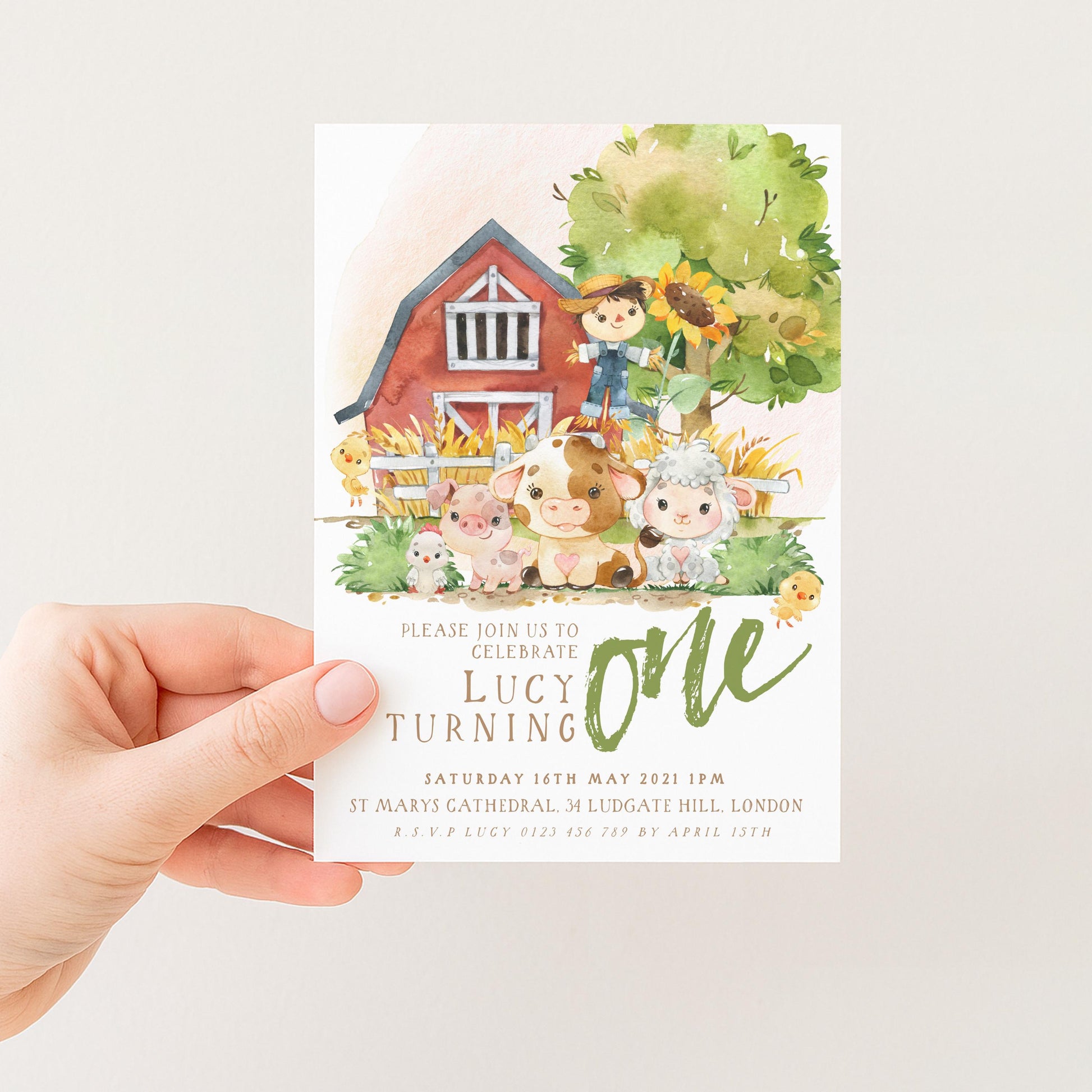 The image is a birthday invitation for a one-year-old named Lucy, featuring a farm scene with various farm animals and a barn.