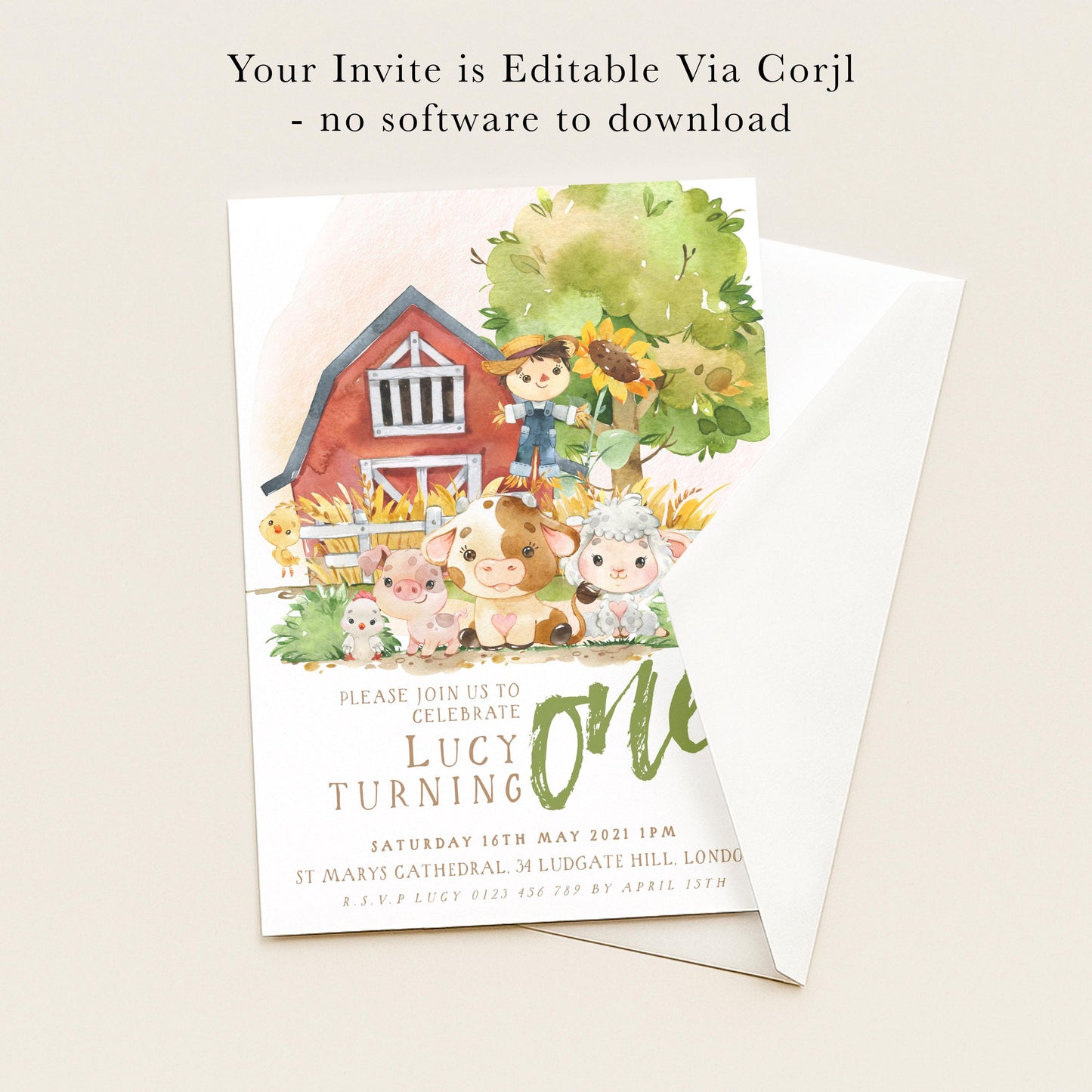The image is a birthday invitation featuring a farm scene with various farm animals, including a pig, cow, and sheep, along with a barn and trees. The invitation is for a "One Turning" birthday party on Saturday, May 16, 2021, from 11am to 2pm at St Marys Cathedral, located at R.S.V.LUCE 0123 757 679.