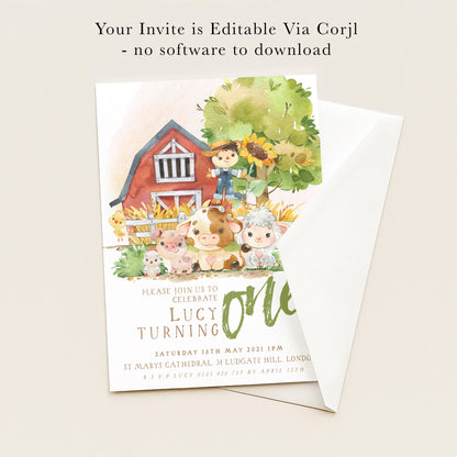 The image is a birthday invitation featuring a farm scene with various farm animals, including a pig, cow, and sheep, along with a barn and trees. The invitation is for a "One Turning" birthday party on Saturday, May 16, 2021, from 11am to 2pm at St Marys Cathedral, located at R.S.V.LUCE 0123 757 679.