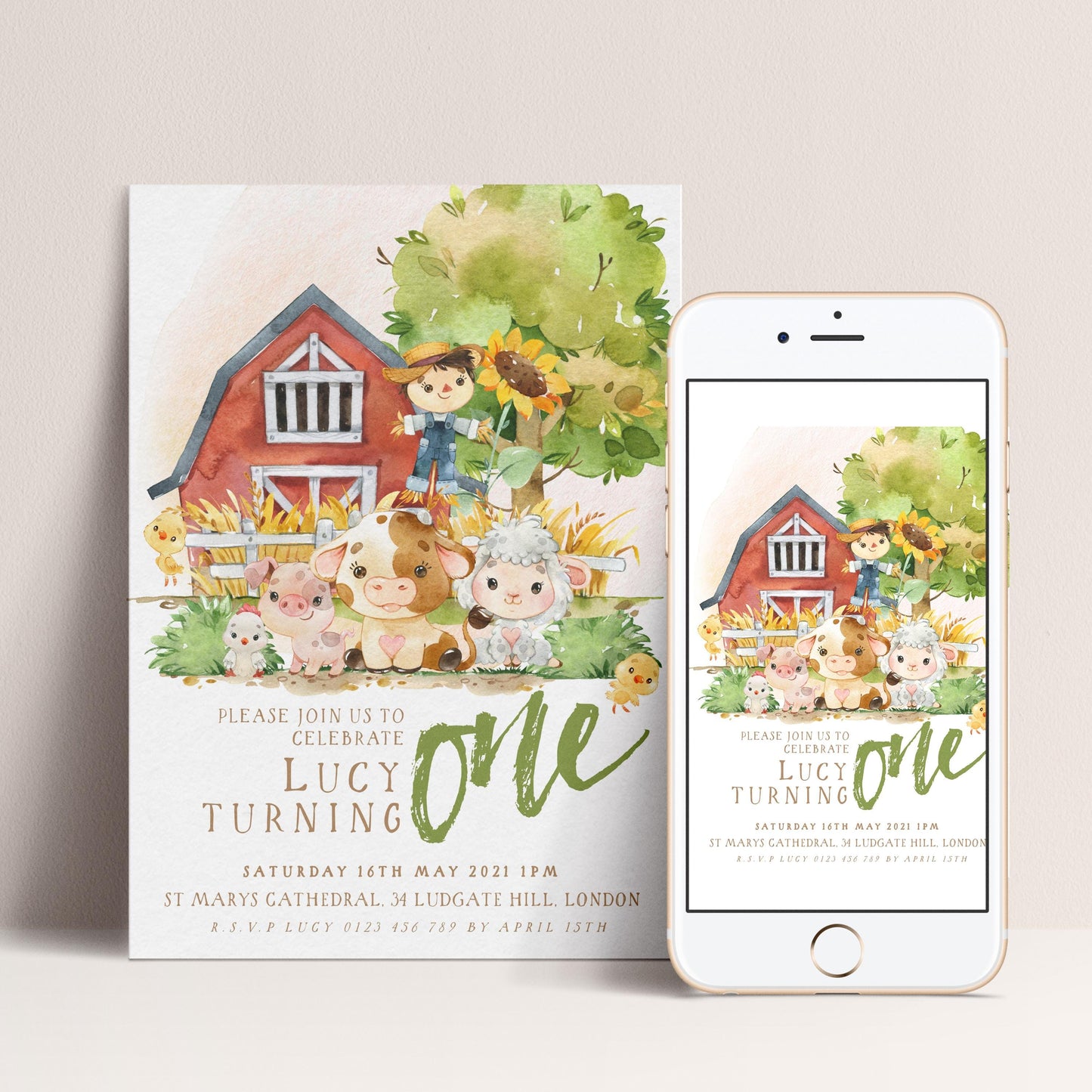 The image is a birthday invitation for a one-year-old named Lucy, featuring a farm scene with a barn, animals, and a young girl.