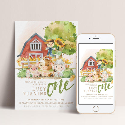 The image is a birthday invitation for a one-year-old named Lucy, featuring a farm scene with a barn, animals, and a young girl.