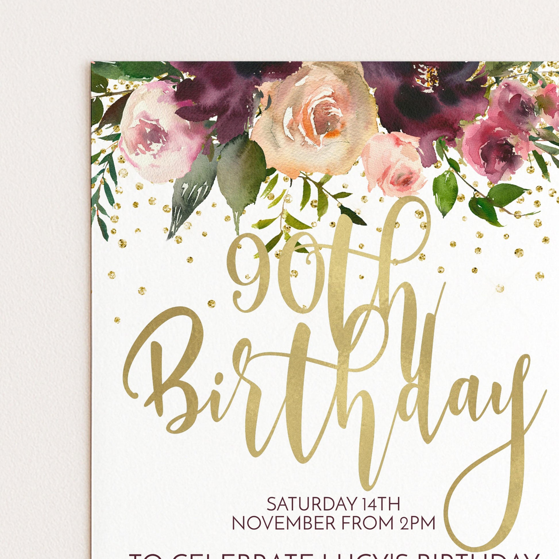The image is a birthday invitation for someone's 90th birthday celebration.