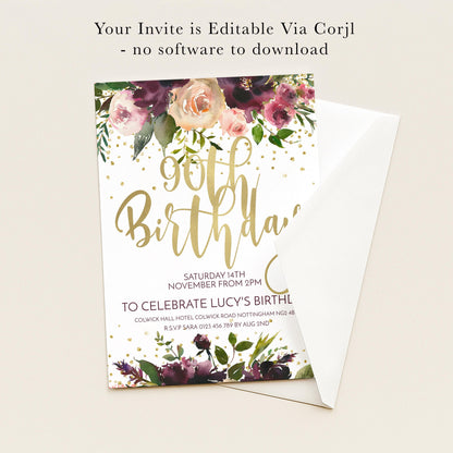 The image is a birthday invitation for a 90th birthday celebration.