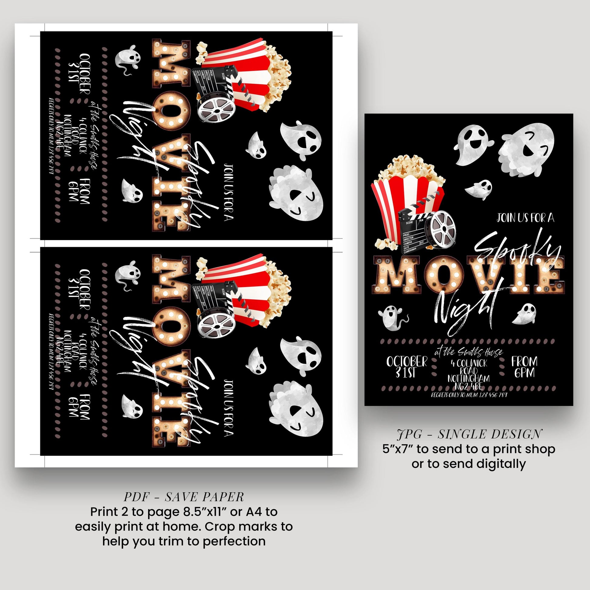 a Halloween-themed movie night invitation with a spooky movie night theme. It features a black background with white text and images, including popcorn, ghostly figures, and a clock. The invitation is designed for a single design, and it provides instructions for printing and sending the design.