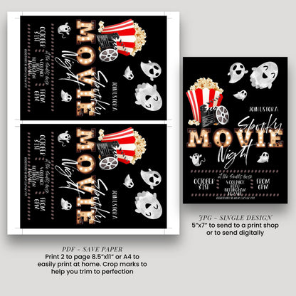 a Halloween-themed movie night invitation with a spooky movie night theme. It features a black background with white text and images, including popcorn, ghostly figures, and a clock. The invitation is designed for a single design, and it provides instructions for printing and sending the design.