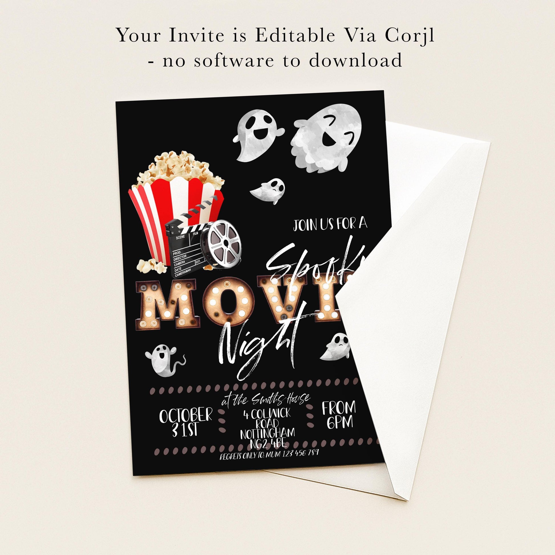 The image is a Halloween-themed invitation for a movie night, featuring a black background with various spooky and festive elements such as popcorn, ghostly figures, and a movie reel.