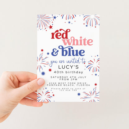 4th Of July Birthday Invitation, Editable Red White Blue Party Invite, Fireworks Digital Download, Printable Template, 40th