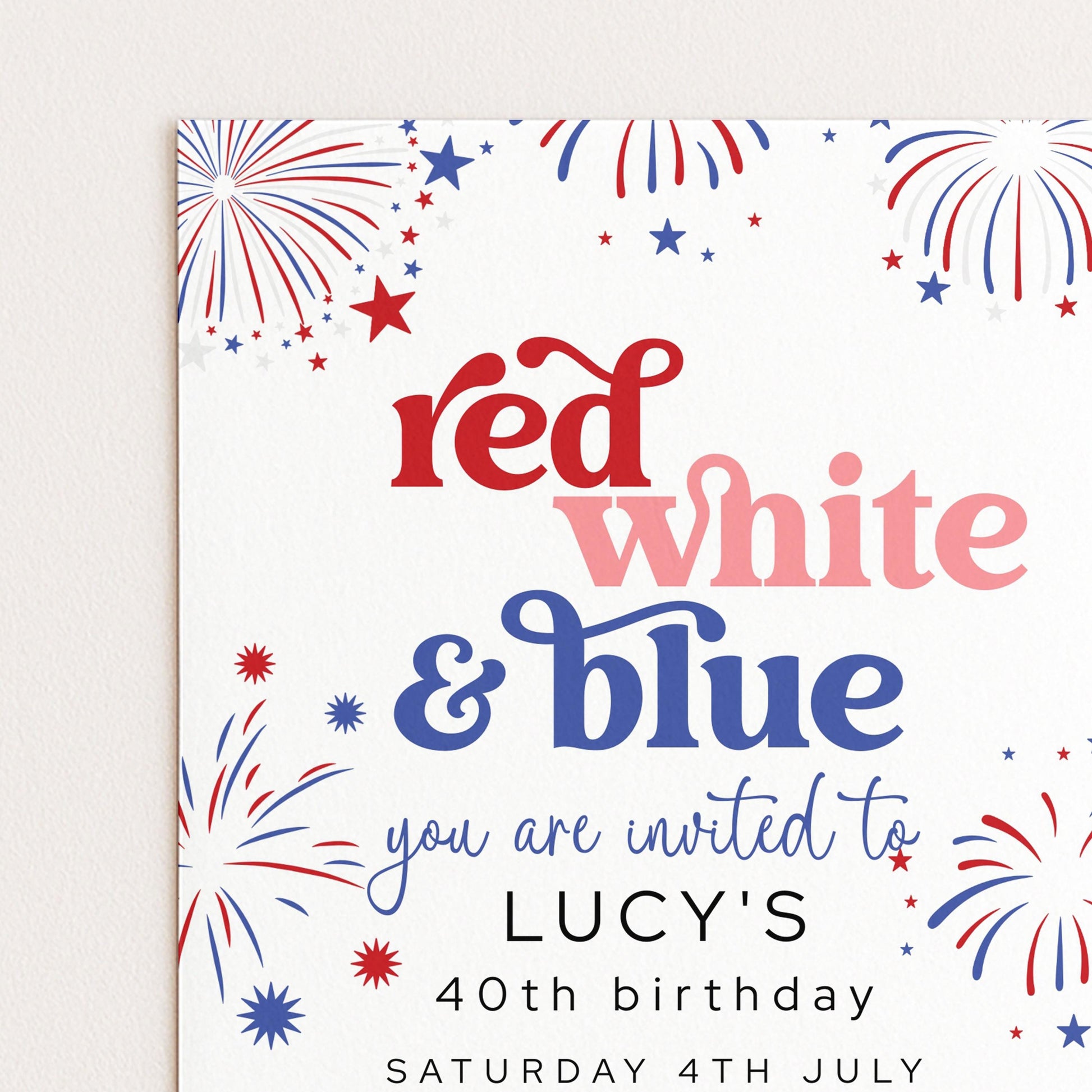 4th Of July Birthday Invitation, Editable Red White Blue Party Invite, Fireworks Digital Download, Printable Template, 40th