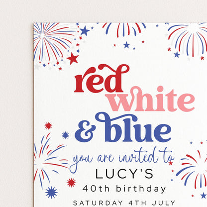 4th Of July Birthday Invitation, Editable Red White Blue Party Invite, Fireworks Digital Download, Printable Template, 40th