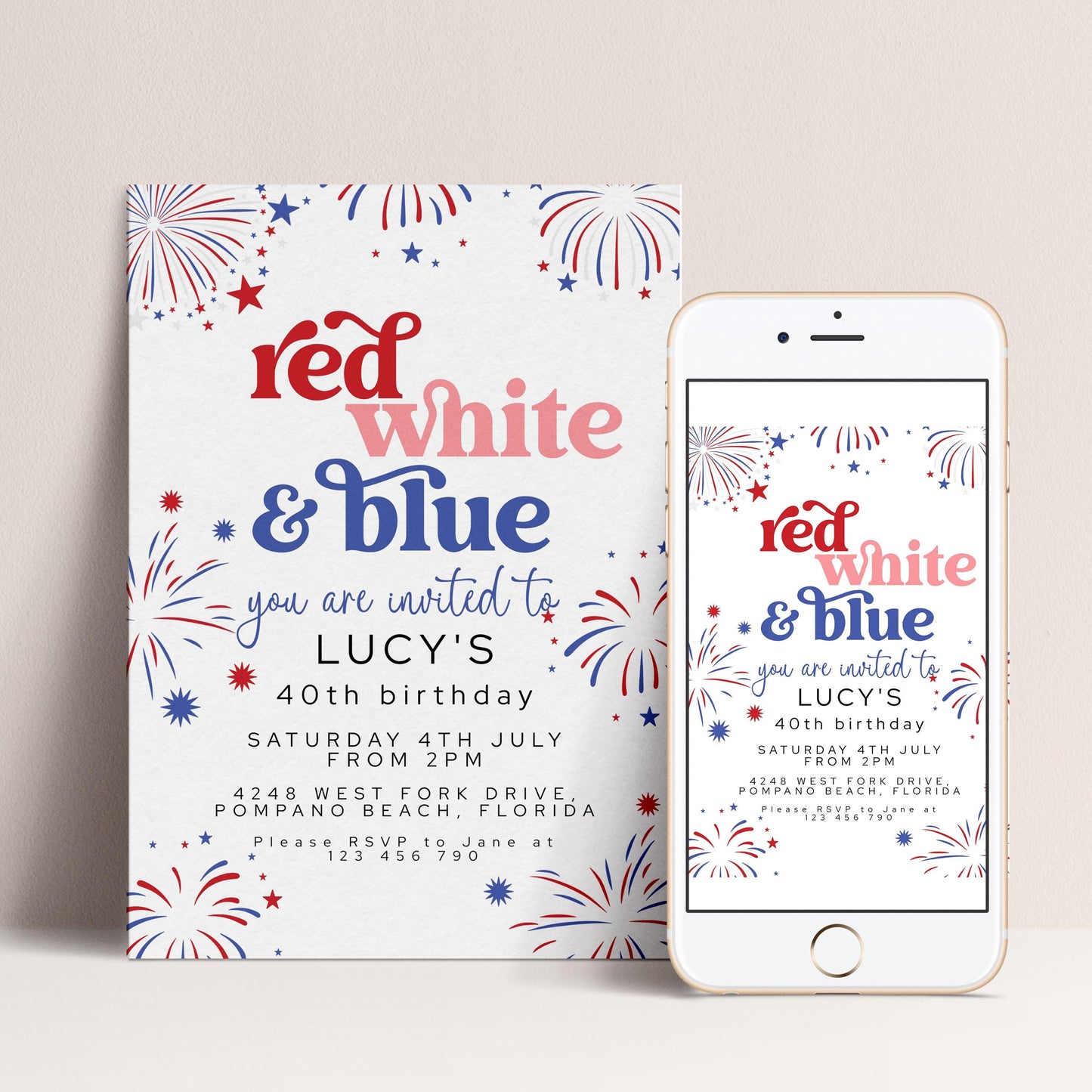 4th Of July Birthday Invitation, Editable Red White Blue Party Invite, Fireworks Digital Download, Printable Template, 40th