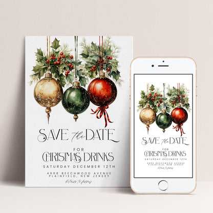 The image is a digital print of a Christmas-themed save-the-date card and a smartphone displaying the same card.