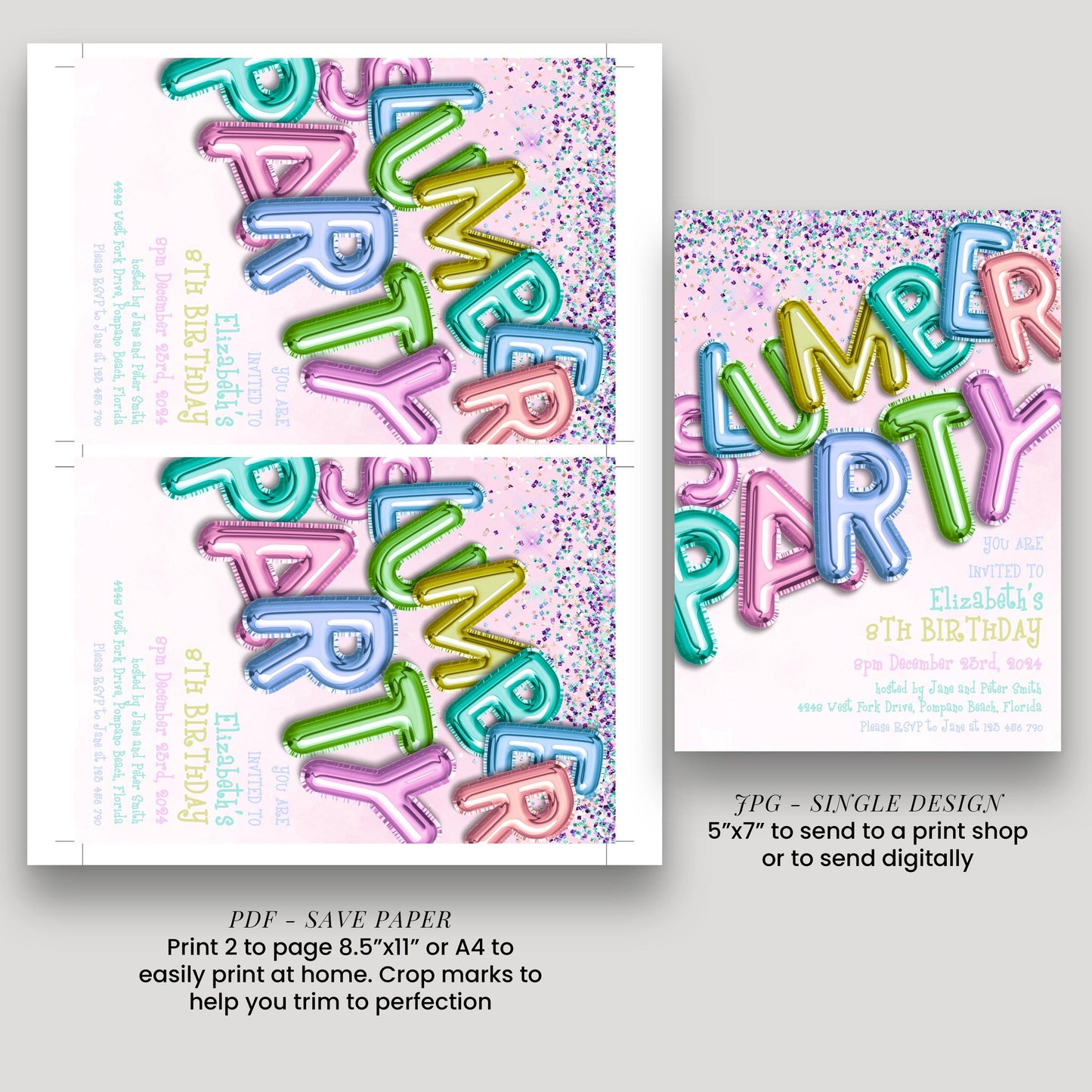 a collage of three different images, each featuring a colorful and creative design related to the theme of a "Lumber Party" birthday party. The images include various shapes and colors, such as balloons, letters, and confetti, creating a festive and playful atmosphere. The collage is intended to be used as a template for creating a birthday party invitation or decoration.