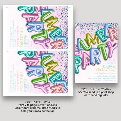 a collage of three different images, each featuring a colorful and creative design related to the theme of a "Lumber Party" birthday party. The images include various shapes and colors, such as balloons, letters, and confetti, creating a festive and playful atmosphere. The collage is intended to be used as a template for creating a birthday party invitation or decoration.