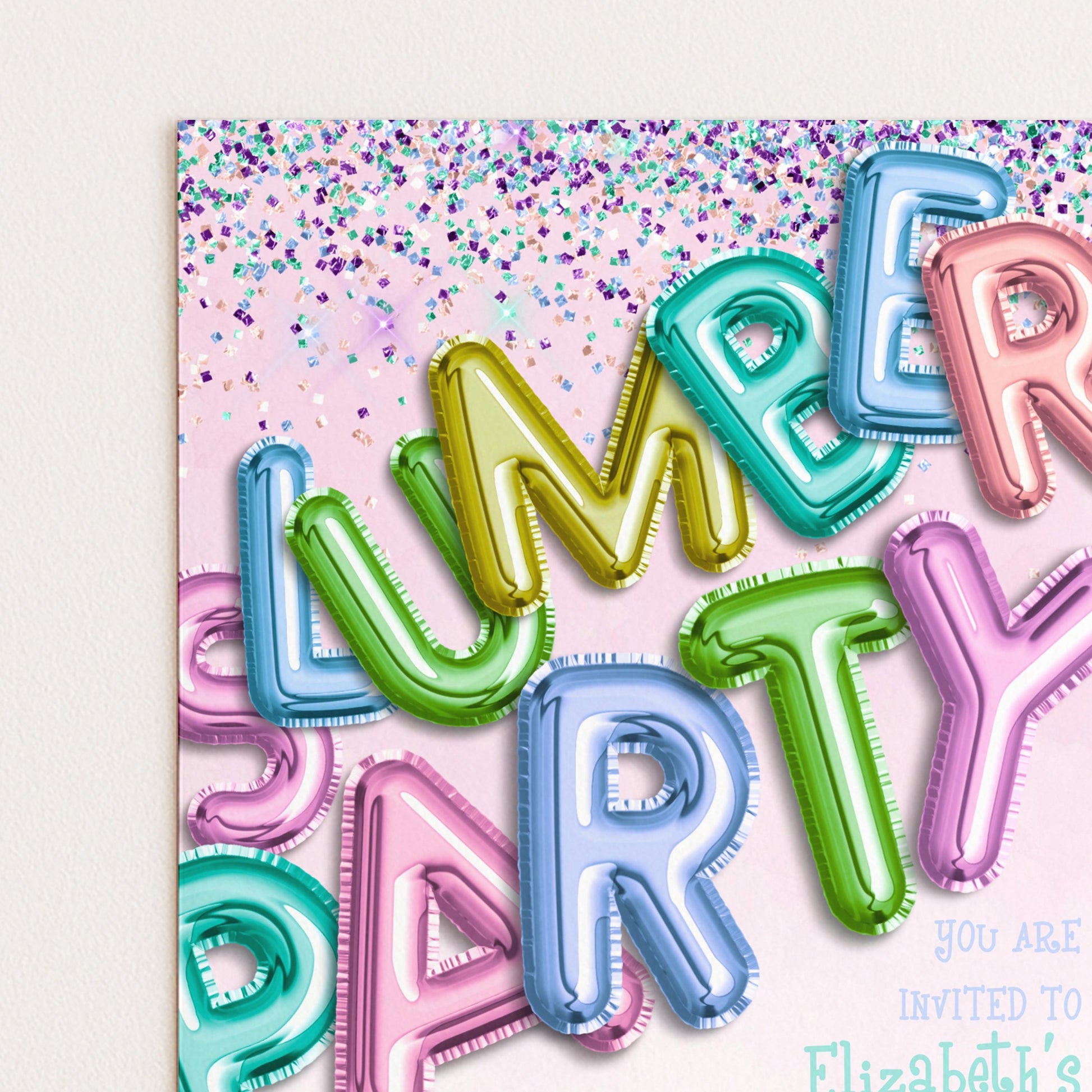 The image is a colorful and vibrant invitation for a summer party, featuring large, shiny, and glittery letters in various pastel shades, such as pink, blue, green, and yellow, creating a festive and playful atmosphere.