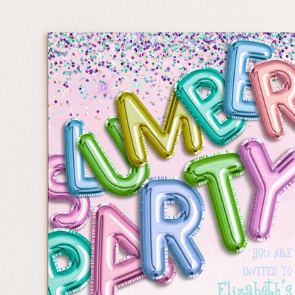 The image is a colorful and vibrant invitation for a summer party, featuring large, shiny, and glittery letters in various pastel shades, such as pink, blue, green, and yellow, creating a festive and playful atmosphere.
