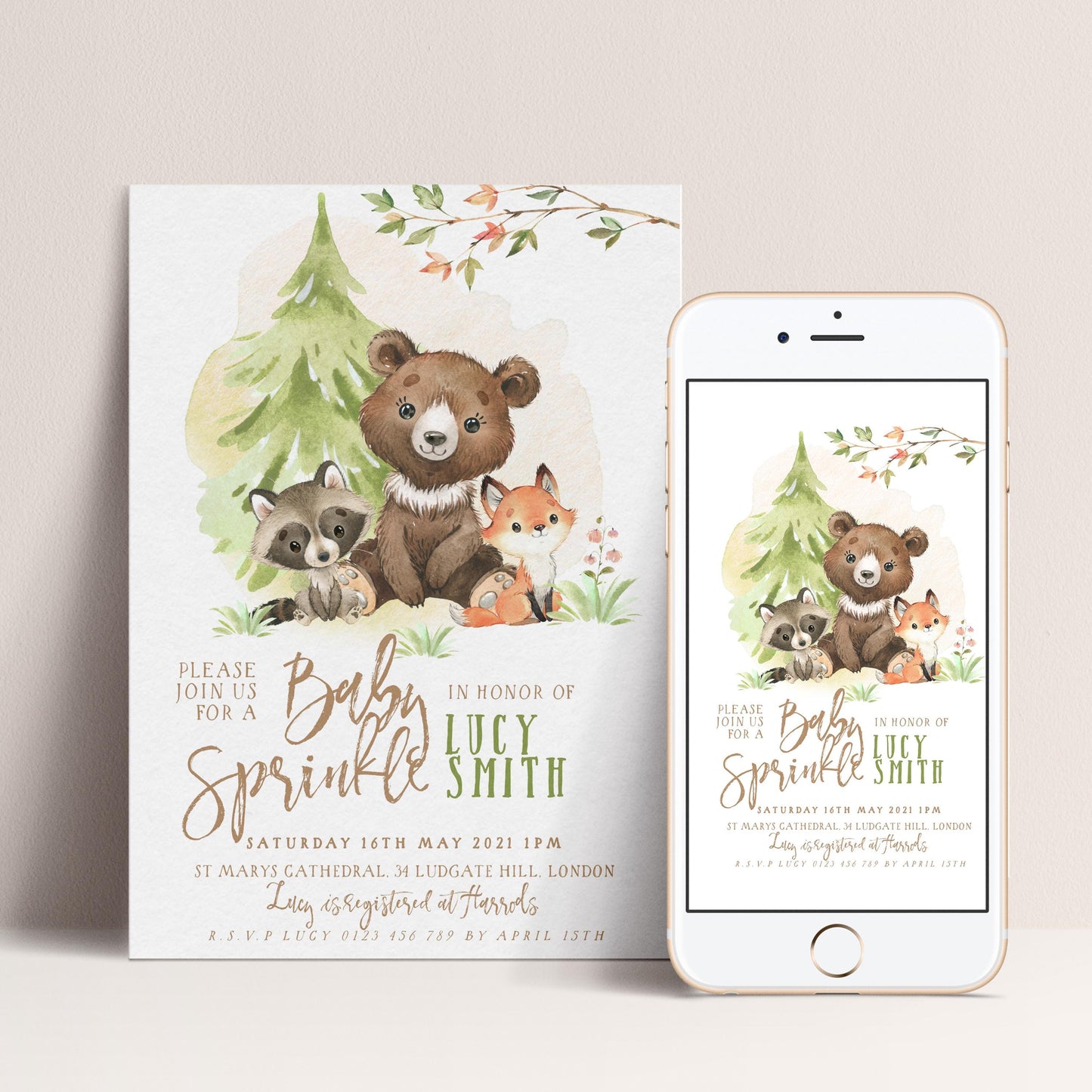The image is a baby shower invitation featuring a bear, raccoon, and fox, along with text inviting guests to a baby shower for Lucy Smith.