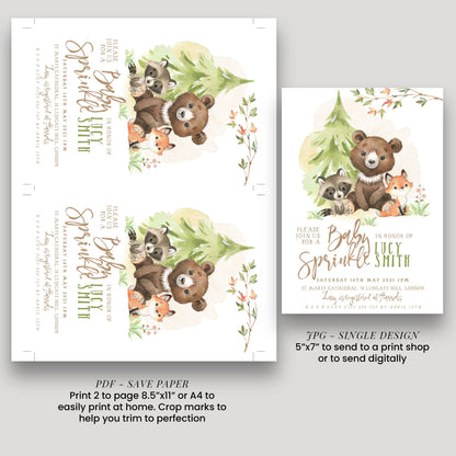 The image is a collage of two images featuring a baby bear and other animals, such as raccoons and foxes, in a forest setting. The collage includes text that provides details about the baby bear and the event, such as the date, time, location, and RSVP information. The collage is intended to be printed on paper or sent digitally, and it includes instructions for printing or sending the printed materials.