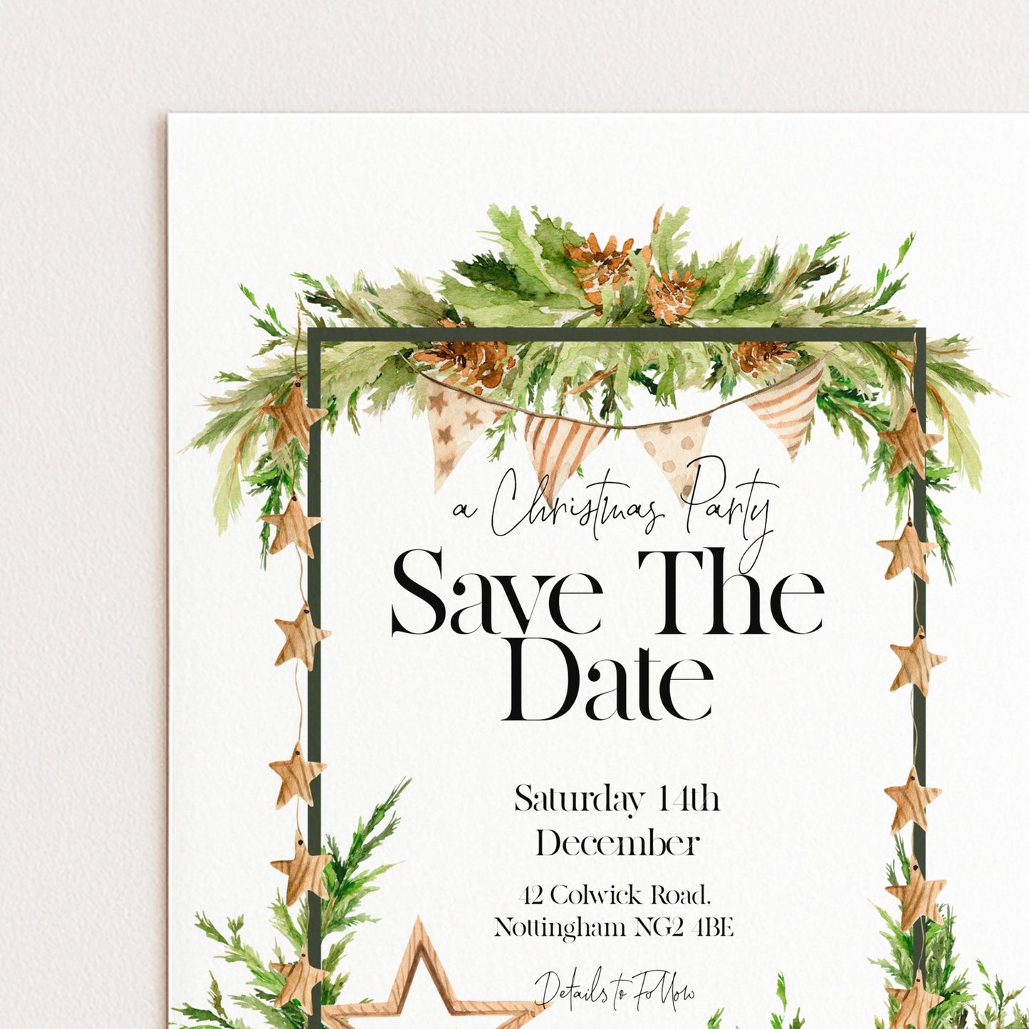 A Christmas party invitation with a festive border and text.