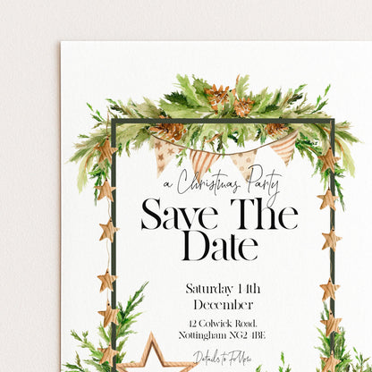 A Christmas party invitation with a festive border and text.