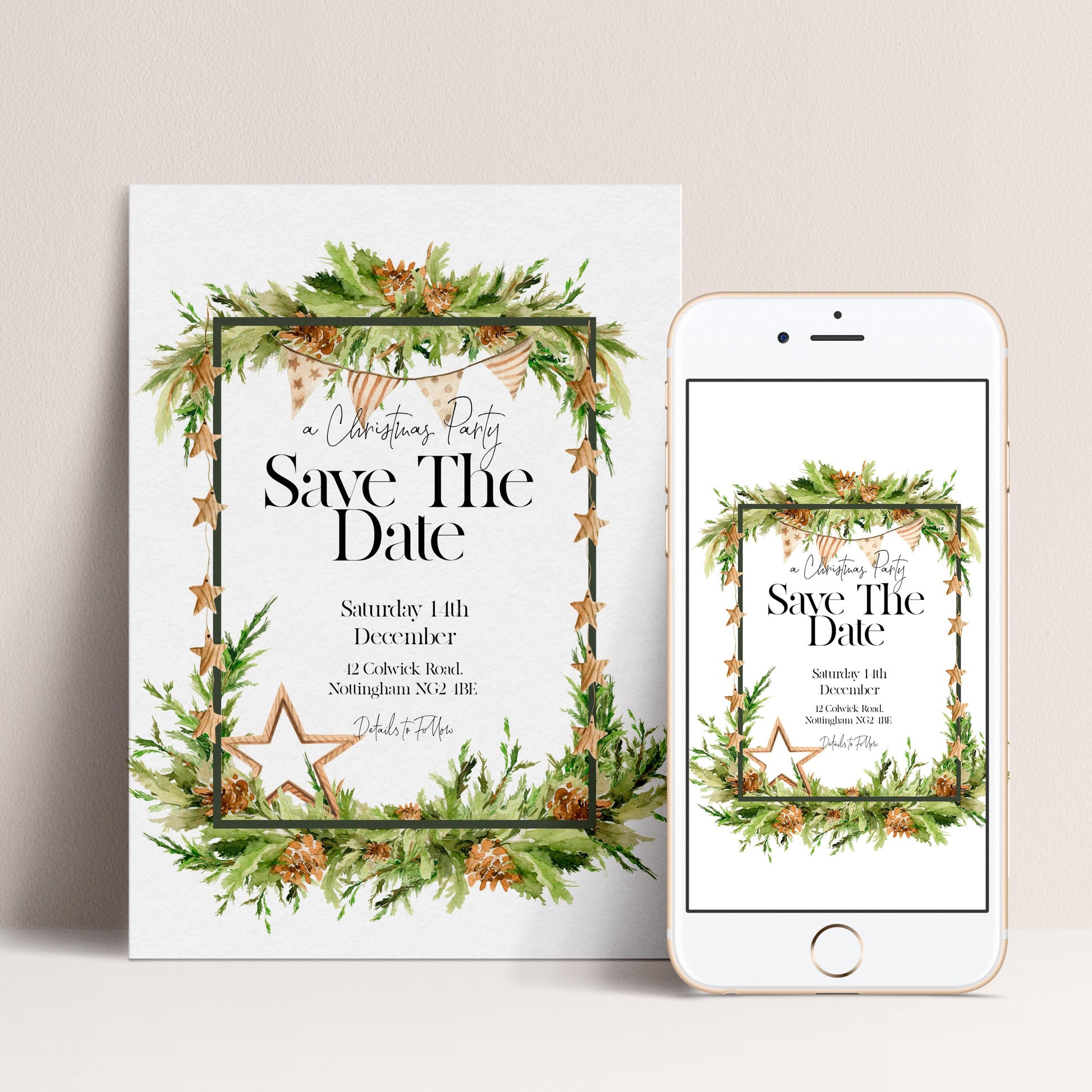 A white card with a Christmas-themed design and text, and a white smartphone displaying a similar design with text.