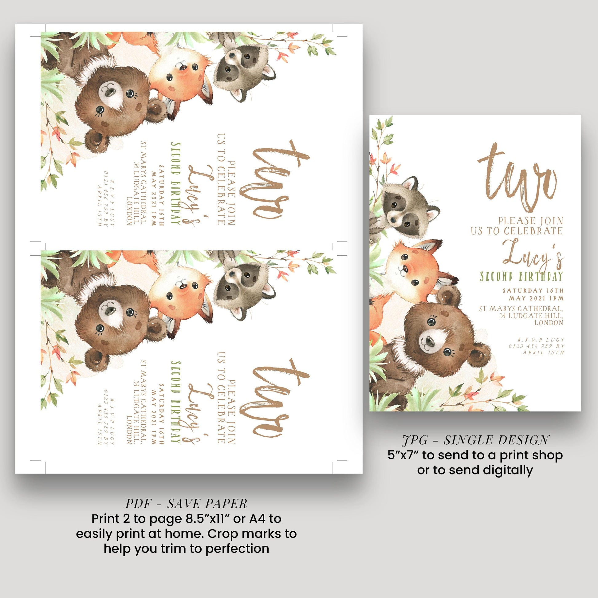 a birthday invitation featuring a bear and raccoon theme, with text inviting guests to a birthday celebration for Lucy. The invitation is designed to be printed on paper or sent digitally, with instructions for printing 2 pages or sending a single design to a print shop.