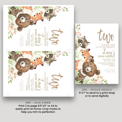 a birthday invitation featuring a bear and raccoon theme, with text inviting guests to a birthday celebration for Lucy. The invitation is designed to be printed on paper or sent digitally, with instructions for printing 2 pages or sending a single design to a print shop.