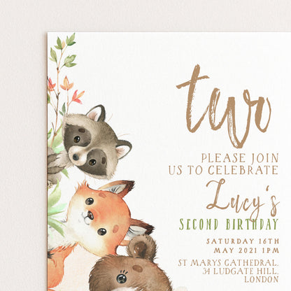 The image is a birthday invitation featuring illustrations of three animals, likely raccoons, along with text inviting guests to a second birthday celebration.