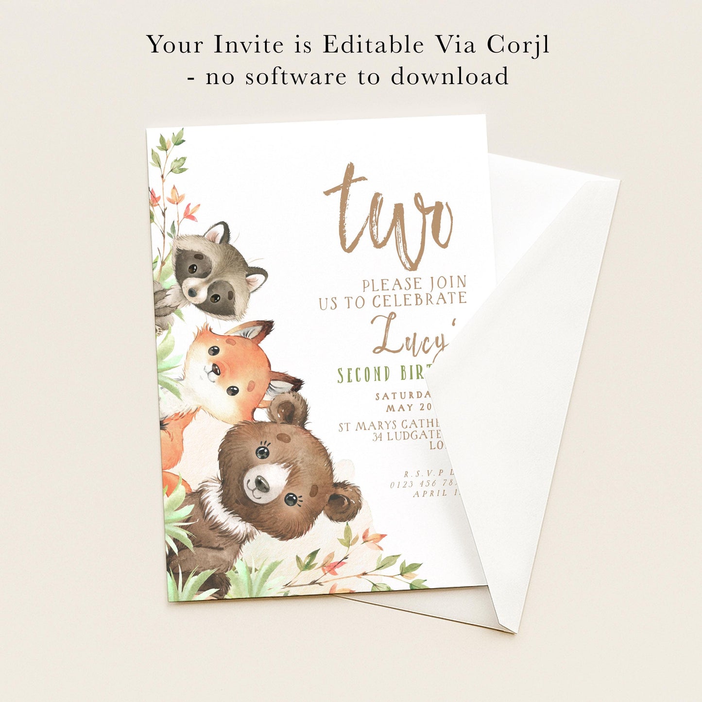 The image is a birthday invitation featuring a forest theme with illustrations of a raccoon, a fox, and a bear. The invitation is for a second birthday celebration and includes details about the date, time, location, and RSVP information.
