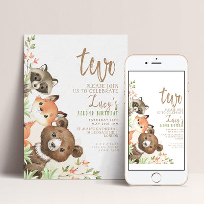 The image is a birthday invitation featuring a forest theme, with illustrations of a raccoon, fox, and bear. The invitation is for a second birthday celebration and includes details about the date, time, location, and RSVP information.