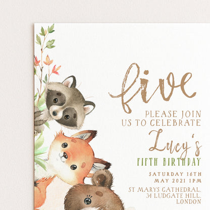 The image is a birthday invitation featuring illustrations of three animals, likely raccoons, along with text inviting guests to a birthday celebration.