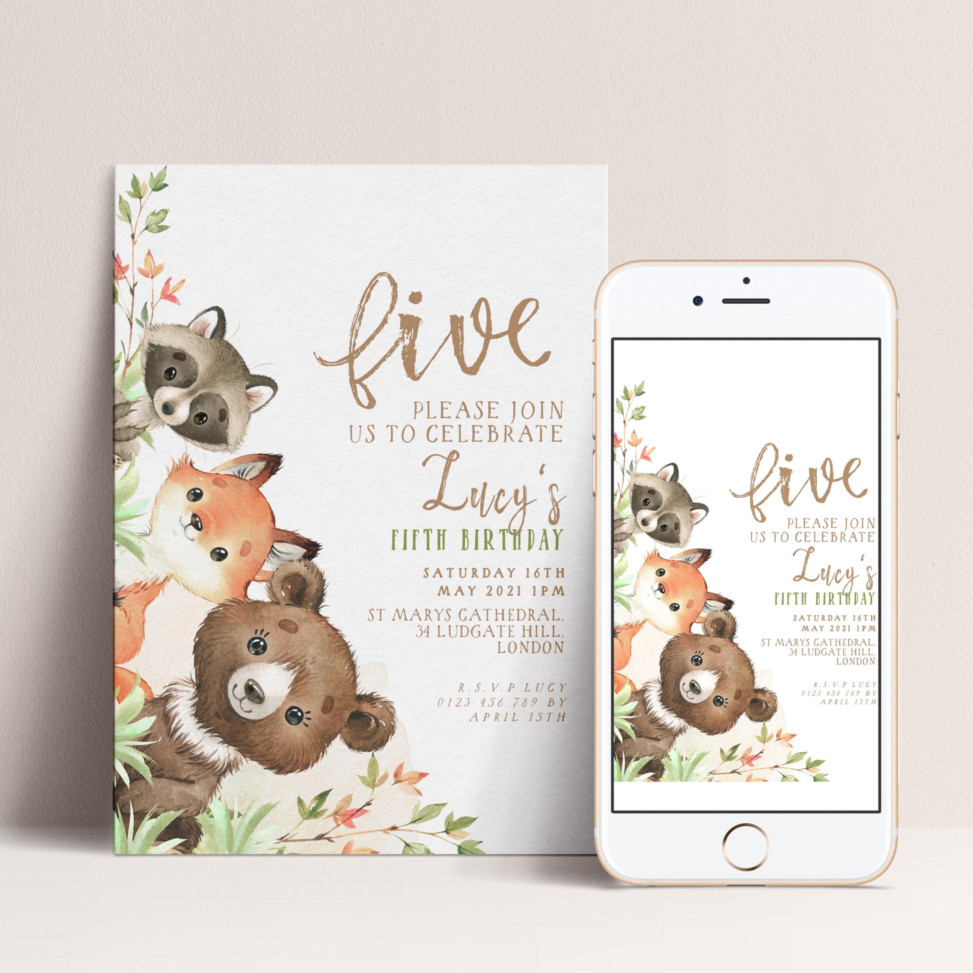 The image is a birthday invitation featuring a woodland theme with illustrations of a raccoon, a fox, and a bear. The invitation is for a fifth birthday celebration and includes details about the date, time, and location.