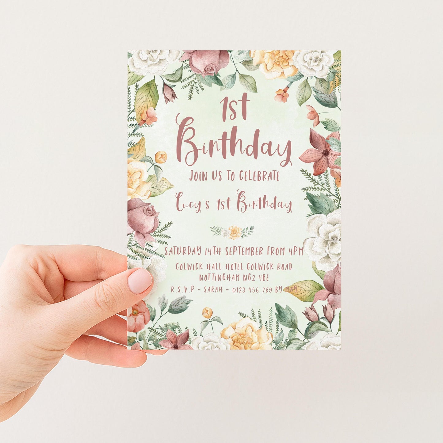 Floral 1st Birthday Invitation Download – Pastel Garden Party Digital Download for Girls, Editable Printable First Birthday Invite