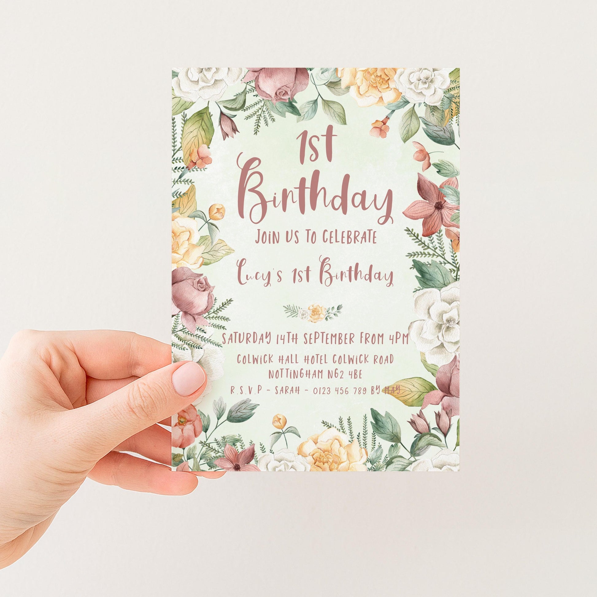 Floral 1st Birthday Invitation Download – Pastel Garden Party Digital Download for Girls, Editable Printable First Birthday Invite