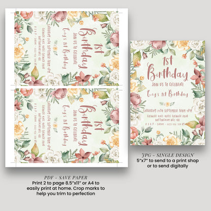 Floral 1st Birthday Invitation Download – Pastel Garden Party Digital Download for Girls, Editable Printable First Birthday Invite