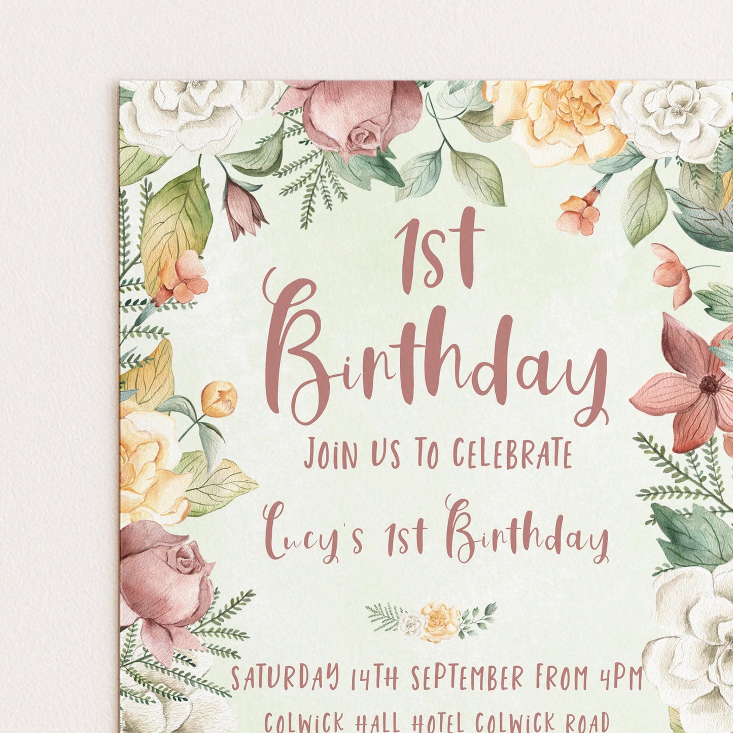 Floral 1st Birthday Invitation Download – Pastel Garden Party Digital Download for Girls, Editable Printable First Birthday Invite