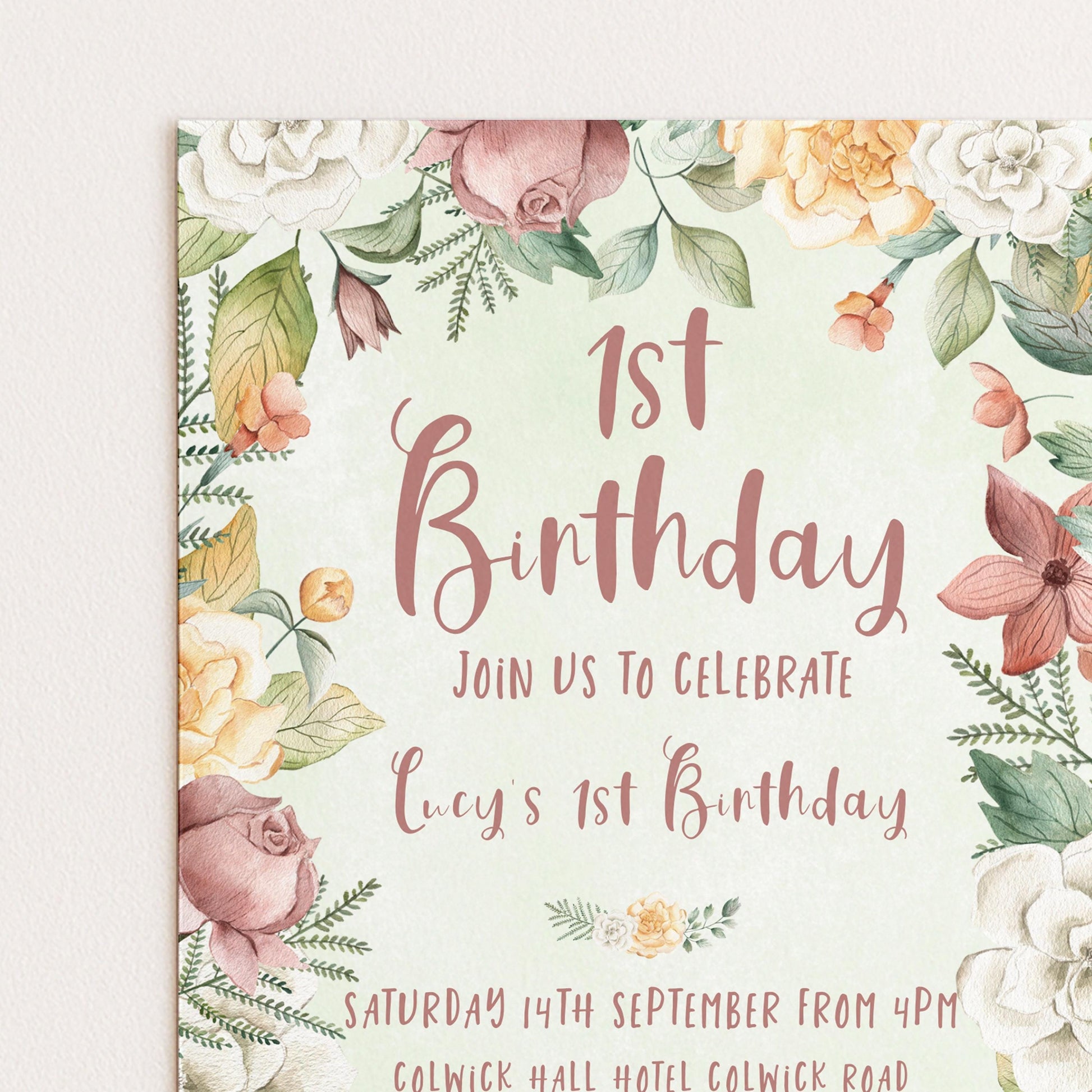 Floral 1st Birthday Invitation Download – Pastel Garden Party Digital Download for Girls, Editable Printable First Birthday Invite
