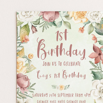 Floral 1st Birthday Invitation Download – Pastel Garden Party Digital Download for Girls, Editable Printable First Birthday Invite