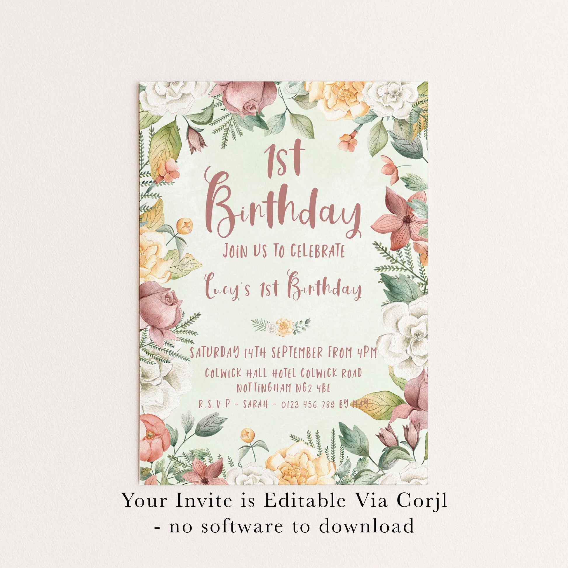 Floral 1st Birthday Invitation Download – Pastel Garden Party Digital Download for Girls, Editable Printable First Birthday Invite