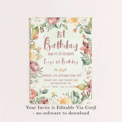 Floral 1st Birthday Invitation Download – Pastel Garden Party Digital Download for Girls, Editable Printable First Birthday Invite