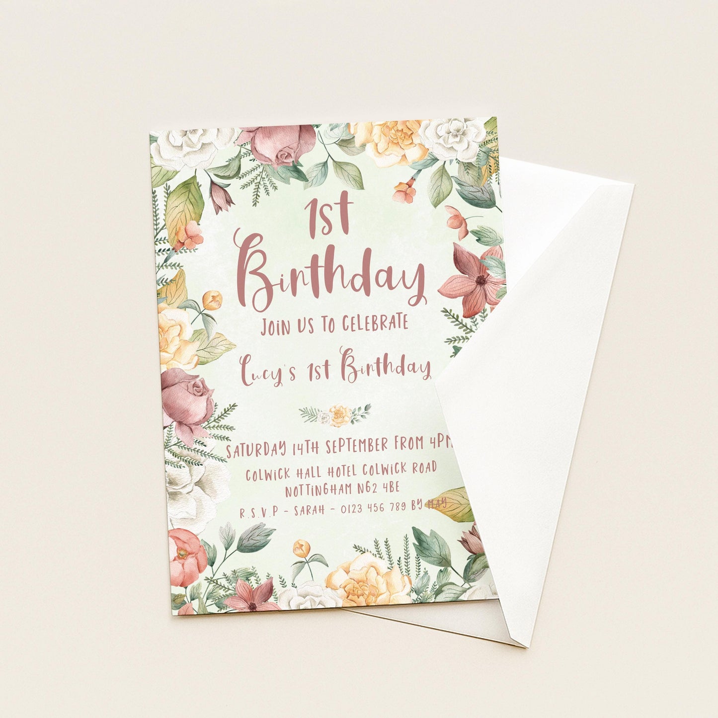 Floral 1st Birthday Invitation Download – Pastel Garden Party Digital Download for Girls, Editable Printable First Birthday Invite